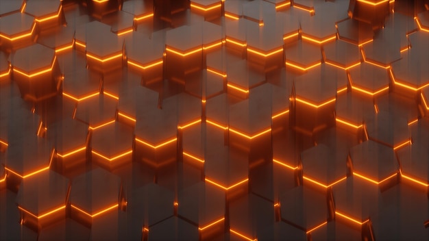 Fondo tecnológico hecho de hexágonos con renderizado 3D de brillo naranja