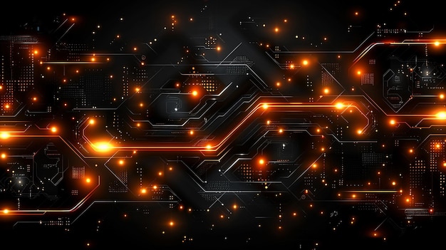 Fondo tecnológico negro futurista con líneas de neón naranja diseño de pancarta vectorial brillante