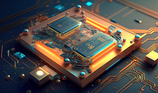 Un fondo tecnológico en tonos vívidos de azul anaranjado y dorado Las placas de circuito y el código se muestran de manera destacada