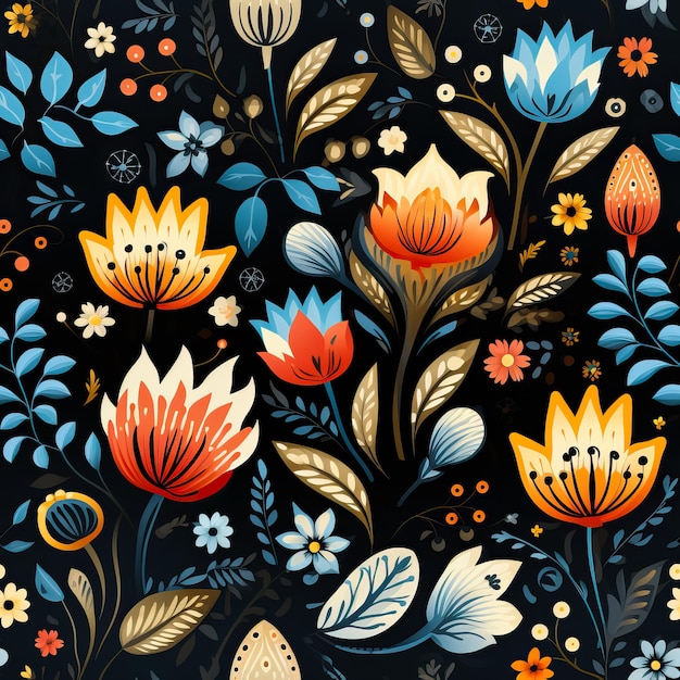 Fondo de tela inspirado en el folklore escandinavo que muestra intrincados y vibrantes patrones nórdicos