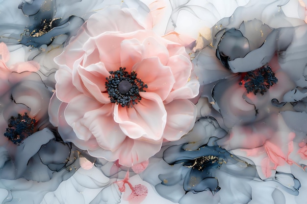 Fondo de tela sedosa con flores textiles abstractas en tonos de rosa y gris