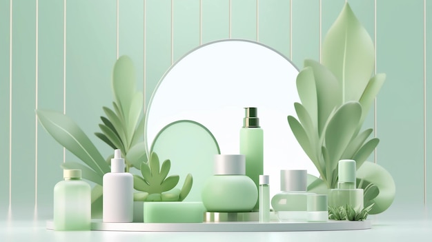 Fondo de tema cosmético que representa formas geométricas metal plantas verdes 3D surrealista minimalista s