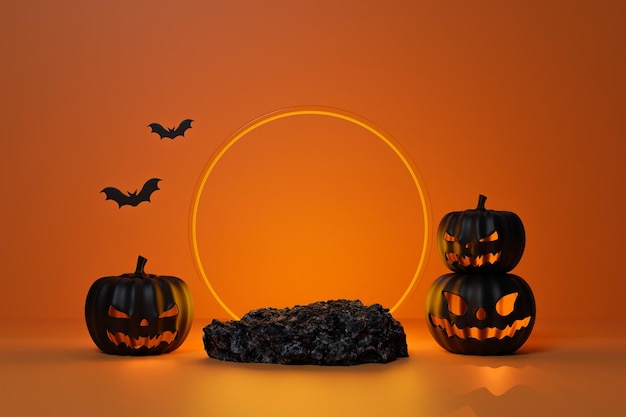 Fondo de tema de Halloween abstracto 3D de pantalla de podio vacío para presentación de productos y maquetas Pumpkins Jack O'lantern con murciélagos voladores en el fondo oscuro Ilustración de renderizado 3d