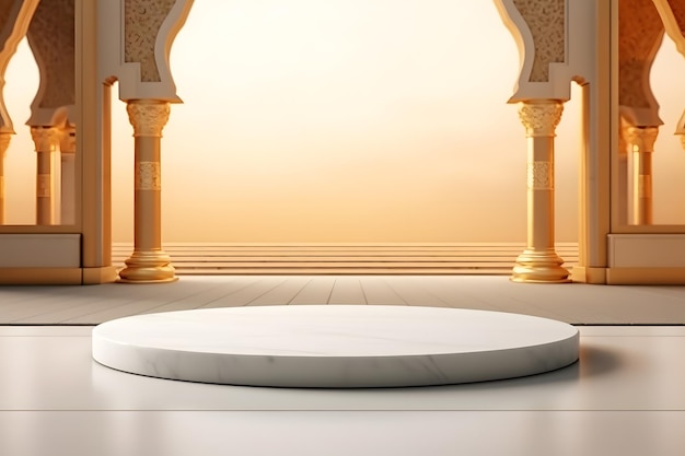 Fondo de tema islámico de plataforma o pedestal de podio de piedra blanca y dorada