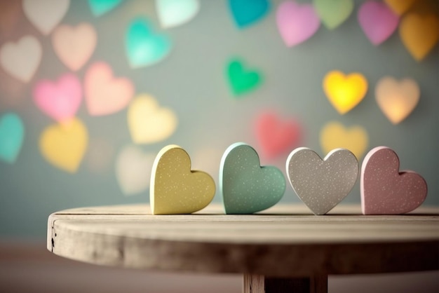 Fondo de temas del día de San Valentín con mesa de madera de color pastel vacía para mostrar el producto espacio de copia corazones y luces bokeh en el fondo de madera Ai generativo