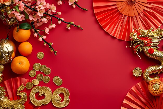 Fondo temático de Año Nuevo chino con ventiladores rojos monedas de oro mandarinas flores de cerezo vacaciones ramas doradas decoración deseos sobres