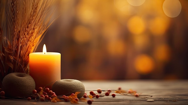 Fondo temático de otoño con velas y accesorios orgánicos.