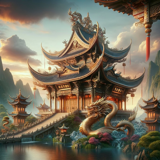 El fondo del templo de la fantasía oriental china