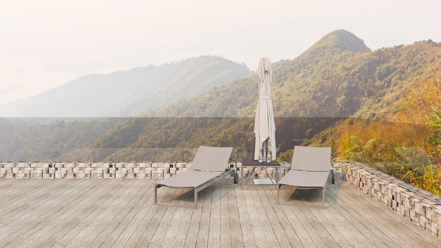 Fondo de terraza de descanso al aire libre mínima y banco de sofá con representación de ilustración 3D de vista a la montaña