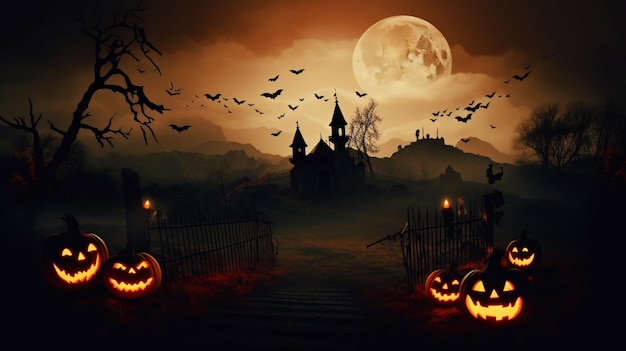 Fondo de terror de la escena de Halloween con calabazas espeluznantes de la mansión embrujada de halloween espeluznante Casa malvada en la noche con luna llena IA generativa