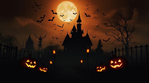 Fondo de terror de la escena de Halloween con calabazas espeluznantes de la mansión embrujada de halloween espeluznante Casa malvada en la noche con luna llena IA generativa