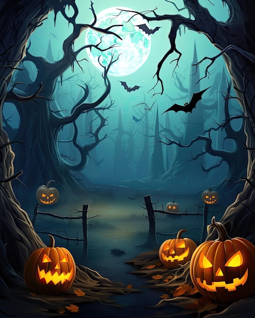 Fondo de terror de Halloween con valle de otoño con calabazas de madera y espacio de tela de araña para texto