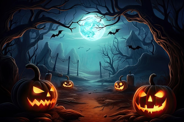 Fondo de terror de Halloween con valle de otoño con calabazas de madera y espacio de tela de araña para texto