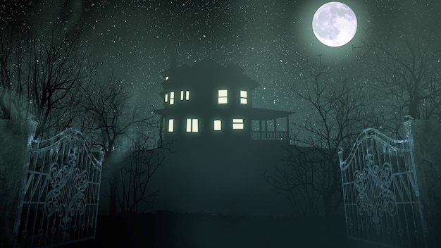 Foto fondo de terror místico con la casa y la luna, telón de fondo abstracto. ilustración 3d de lujo y elegante del tema de terror y halloween