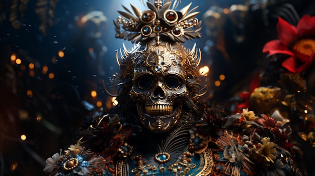 Fondo de terror oscuro de la cabeza del esqueleto mexicano del día de los muertos