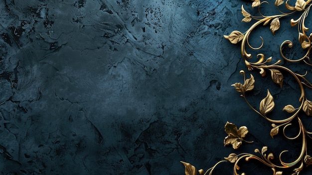 Fondo de textura azul oscuro con elementos florales dorados ornamentados en el lado derecho