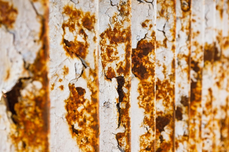 Foto fondo de textura de barandilla de puente oxidado con pintura blanca agrietada
