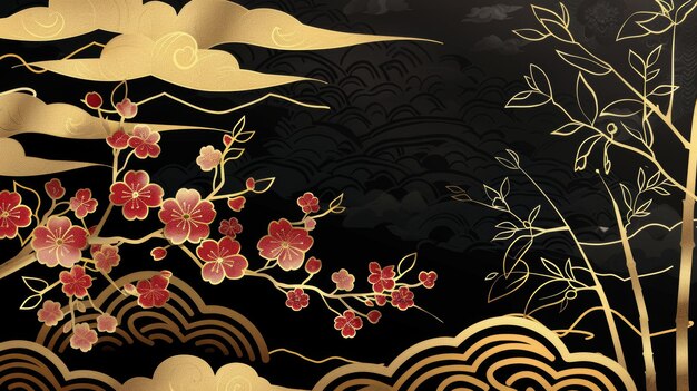 Foto fondo con textura dorada y negra moderna flor de cerezo bambú y decoraciones de nubes chinas diseño de íconos de paisaje artístico