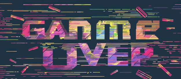 Fondo de textura de glitch de VHS con texto de Overquot de juego en estilo de arte de píxeles