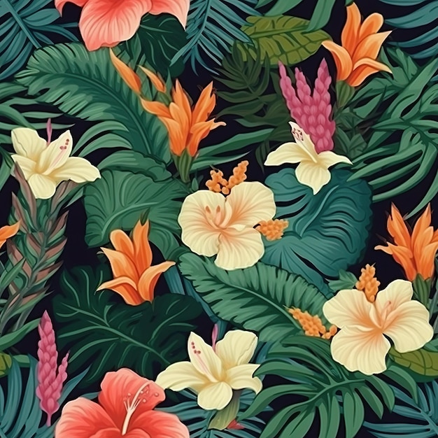 Fondo de textura de impresión de patrón de hojas y flores tropicales