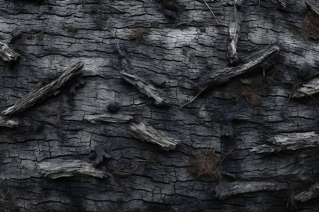 Fondo de textura de madera carbonizada negra Un primer plano de la corteza de un árbol quemado