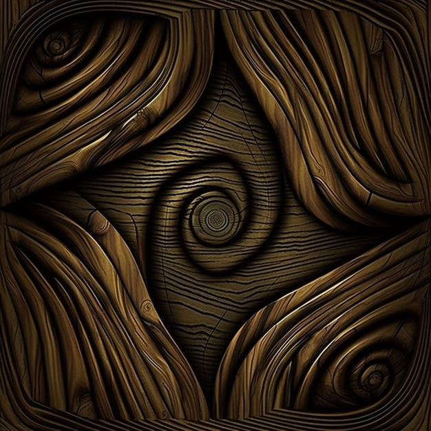Un fondo con textura de madera marrón con un diseño en espiral en el centro.