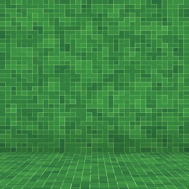 Fondo y textura de la pared del mosaico de la teja del mosaico del pixel cuadrado verde brillante abstracto.