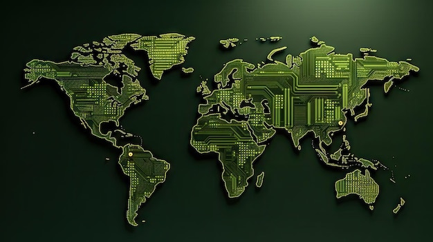 Fondo de textura de pcb verde de mapa mundial IA generativa