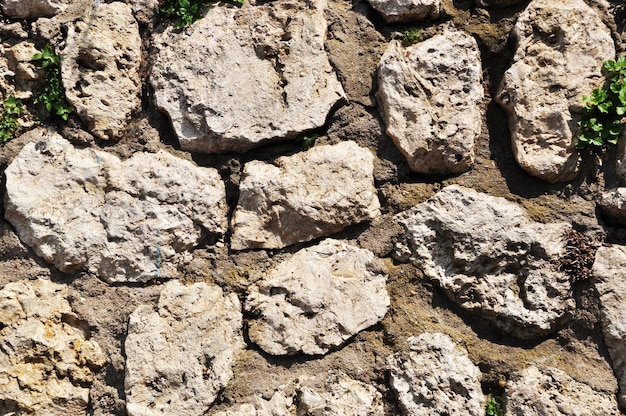 Fondo, textura. Piedras grandes sin tratar en el suelo. Piedras con pasto verde.