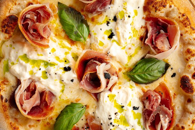 Fondo de textura de pizza de prosciutto gourmet