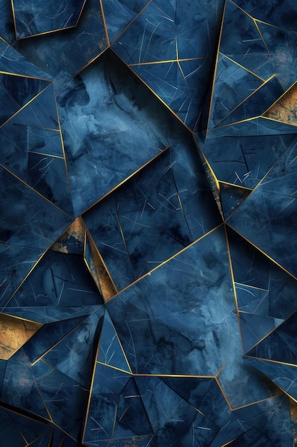 Fondo de textura poligonal azul con líneas doradas Fondo abstracto geométrico con efecto 3D