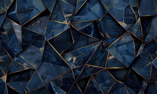 Fondo de textura poligonal azul con líneas doradas Fondo abstracto geométrico con efecto 3D