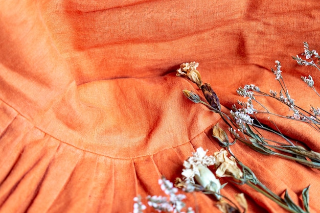 Fondo de textura de tela de lino naranja, fondos de inicio de otoño