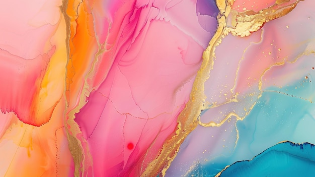 Fondo de textura de tinta de mármol vibrante con colores fluidos y acentos dorados