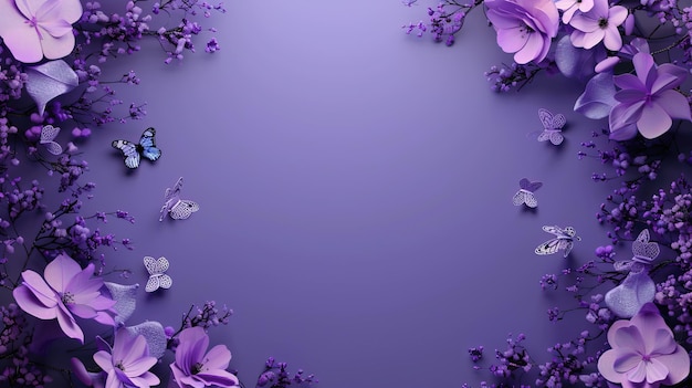 Foto el fondo tiene flores púrpuras y mariposas