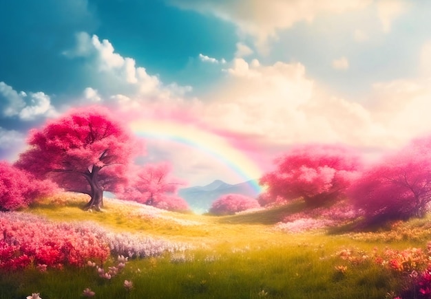 Fondo de tierra de hadas de jardín de primavera rosa en las nubes con animación de arco iris