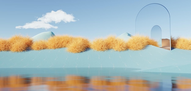 Fondo de tierra de sueño hermoso surrealista Duna abstracta en paisaje de temporada de invierno con arco geométrico Paisaje de isla de fantasía con agua y cielo nublado natural Arco de espejo metálico 3d render