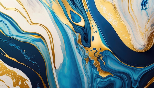 Fondo de tinta alcohólica abstracta de fluido blanco y oro azul