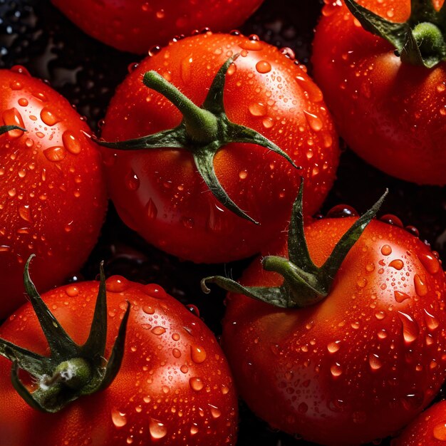 Fondo de tomates frescos adornado con pequeñas gotas de agua brillantes Vista de arriba hacia abajo