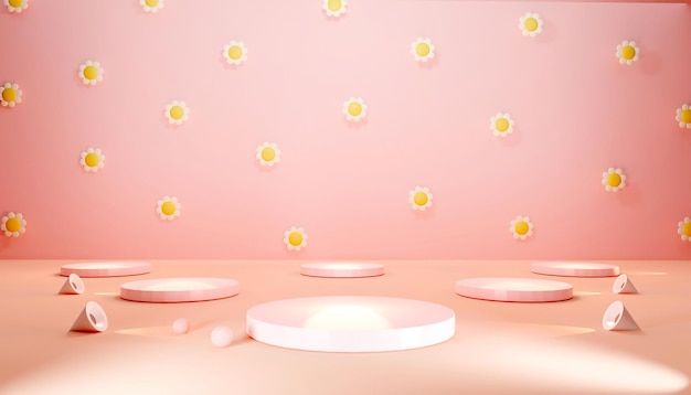 Fondo de tono suave pastel de lujo virtual decorado con flores Focos mínimos espacio vacío exhibición de productos escaparate promoción de perfume venta banner presentación cosmética 3D render