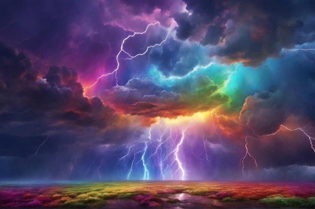 Fondo de tormenta de arco iris Fondo de cielo tormentoso colorido Cielo de tormenta Relámpago colorido AI generativo