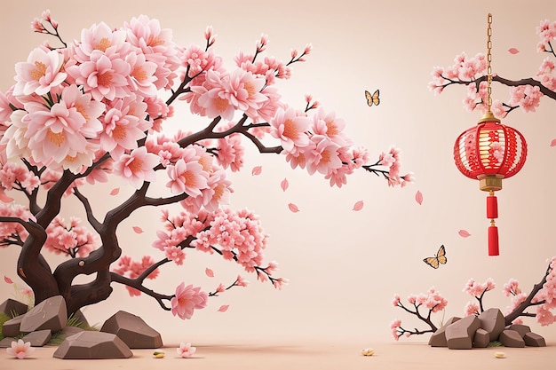 Fondo tradicional chino con árbol de sakura y decoración de linternas.