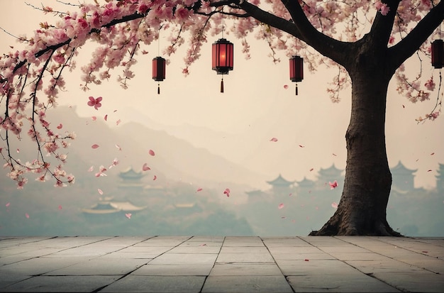 Fondo tradicional chino con decoración de árbol de sakura y linterna