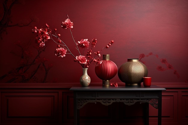 Fondo tradicional chino con linterna roja y decoraciones de brillo dorado