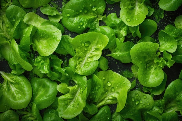 Fondo transparente de ensalada verde fresca adornado con gotas brillantes de agua generadas por IA