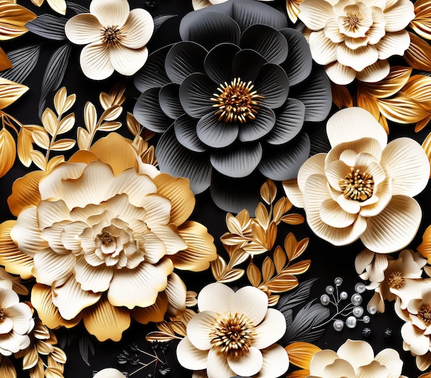 Fondo transparente floral negro y dorado 3D para papel tapiz