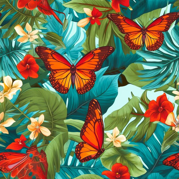 Fondo transparente con hojas tropicales y mariposas