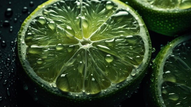 Fondo transparente de lima con gotas visibles de agua Frescura cítrica picante y delicia picante