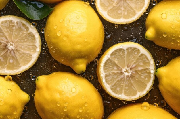 Fondo transparente de limón fresco adornado con gotas brillantes de agua generadas por IA
