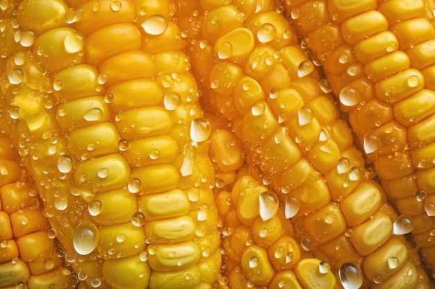Fondo transparente de maíz fresco adornado con gotas brillantes de agua generadas por IA